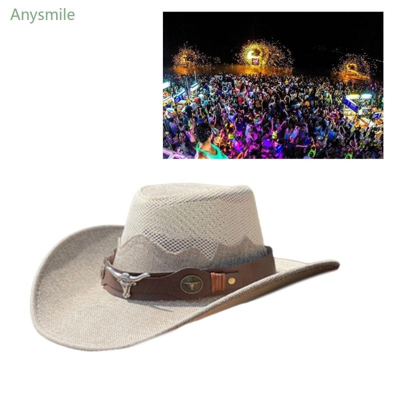 Anys หมวกคาวบอยชายหาด Bull Buckle เข็มขัดหมวก Vintage Casual หมวกคาวบอย Sunproof หมวก