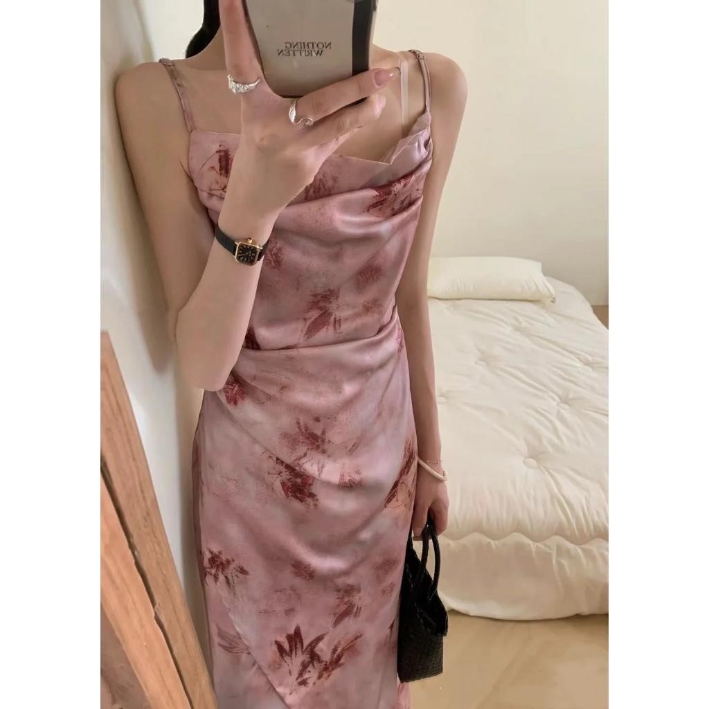 pink floral เดรสสีชมพู ยาว เกาหลี สายเดี่ยว ผู้หญิง ดอกไม้ ไปทะเล ชุดราตรี น่ารัก รัดรูป เดรสแขนกุด XXXXL