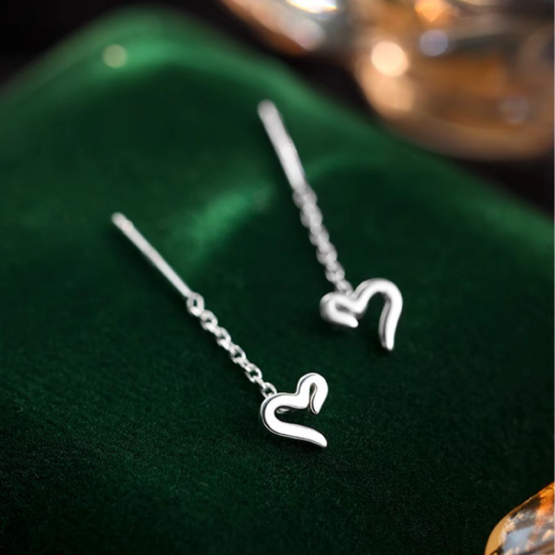 Roselife S925 Silver Chain Heart Dangle ต่างหูสําหรับผู้หญิงสาว Drop ยาวหูเครื่องประดับอุปกรณ์เสริม - รูปที่ 6