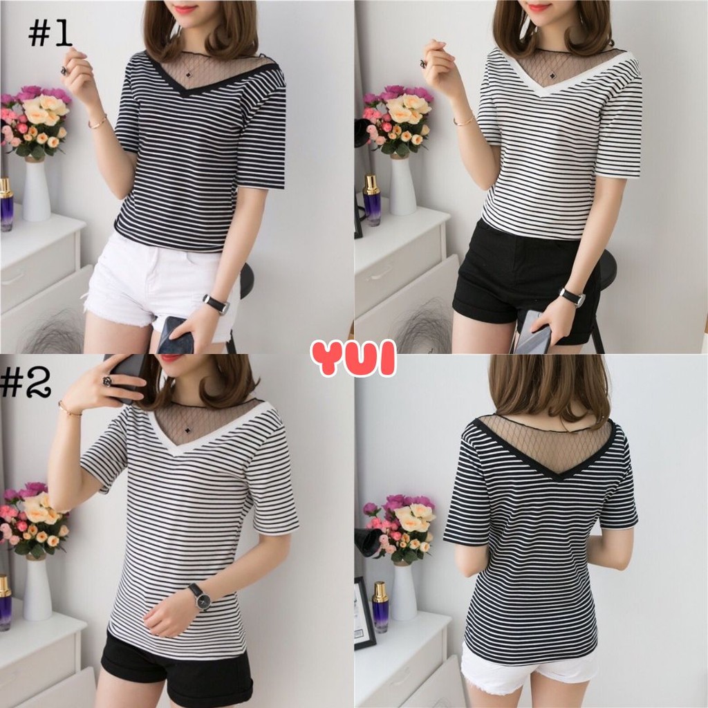 💙YUI💙 เสื้อแฟชั่นคอวี ดีเทลตาข่ายที่คอ ผ้านิ่ม ใส่สบาย #Z99