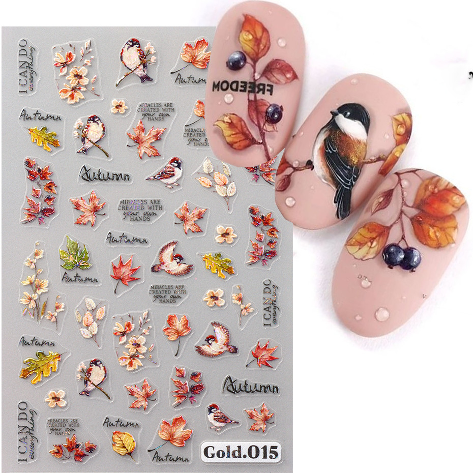 ฤดูใบไม้ร่วง Maple Leaf Nail Art สติกเกอร์นกผ้าฝ้ายกระรอกเห็ดฟักทองออกแบบเล็บ Decal Sliders ตกแต่งเล็บ