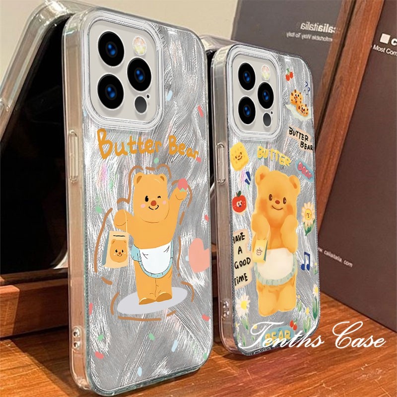 ใช้งานร่วมกับสําหรับiphone 16 15 14 13 12 11 Pro Max Plus X XR Xs Max 7Plus 8Plus SE 2020 น่ารักเนยหมีเงินFeatherเนื้อเคสโทรศัพท์นุ่ม