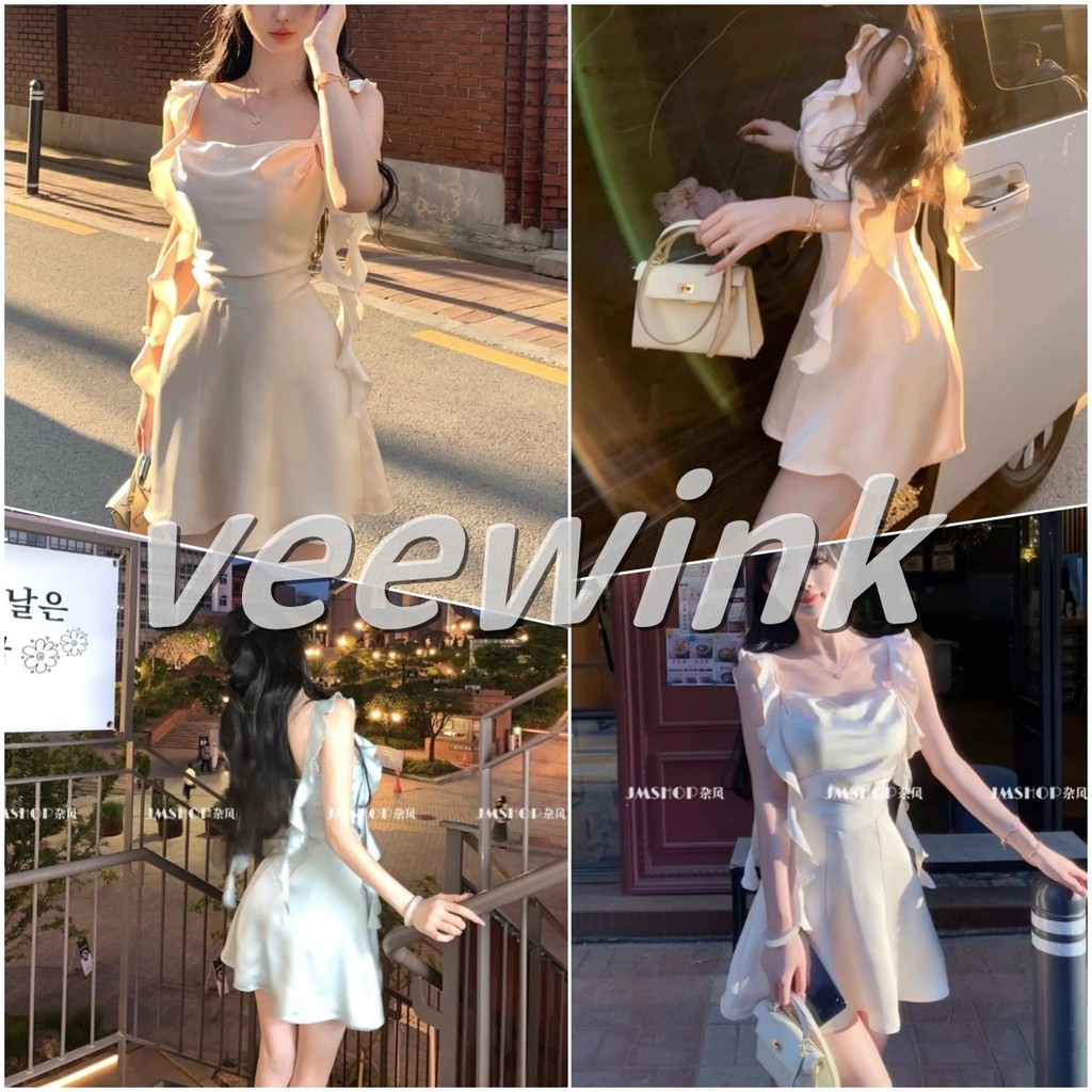 Veewink พร้อมส่งจากกทม ชุดเดรสผ้าซาตินผ้าซาติน ชุดเดรสกระโปรงสั้น ผ้าซาติน สไตล์เกาหลี สําหรับสตรี