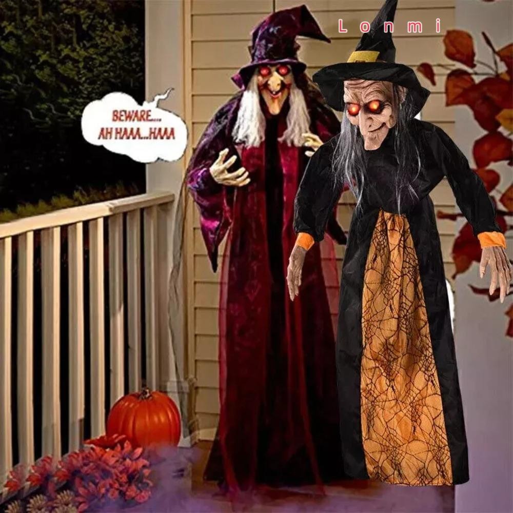Lonmi ขนาดชีวิต แม่มดพูดคุย, ฮาโลวีนสีม่วง Spooky Animatronic แม่มด, ตกแต่งฮาโลวีน Prop การเปิดใช้งานเสียงตาสีแดงแม่มดเคลื่อนไหว