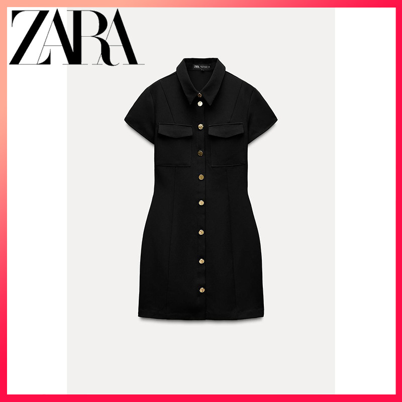 ZARA ซาร่า สินค้าใหม่เสื้อผ้าผู้หญิงชุดเดรสแขนสั้นทรงสลิมสีดํากระดุมทอง