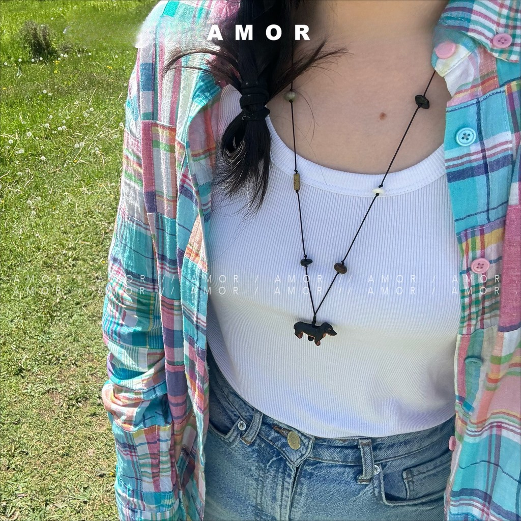 Korean style sausage dog natural stone black rope long necklace women's retro style sweater chain