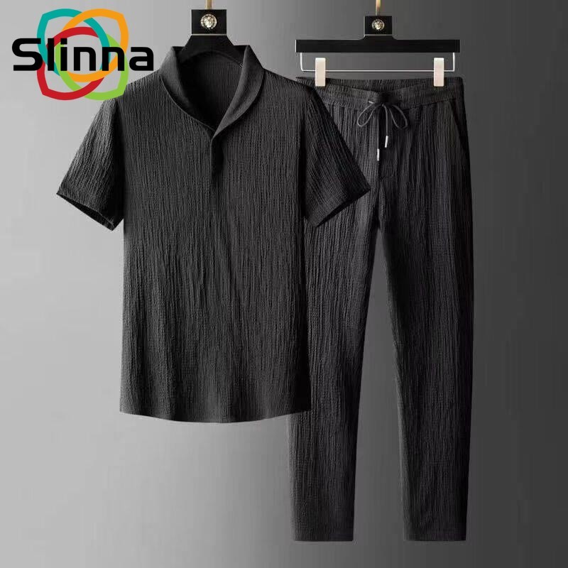 ชุดเซ็ตผู้ชายแฟชั่นลําลองเสื้อยืดเรียบง่าย + หลวมและอเนกประสงค์เอวสูงกางเกงขากว้างอารมณ์สลิมมิ่งชุดกีฬา