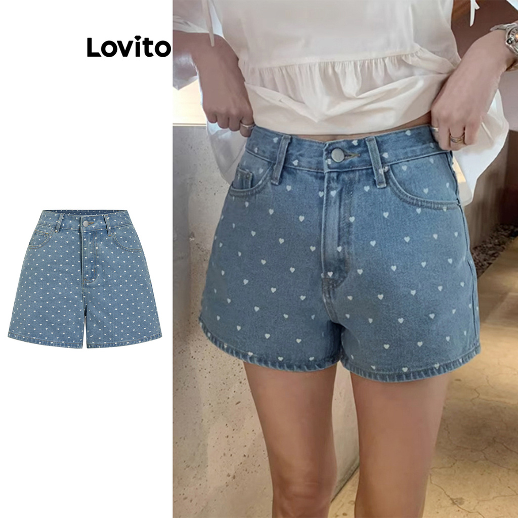 Lovito กางเกงยีนส์ขาสั้นลายธรรมดาสำหรับผู้หญิง L104ED985