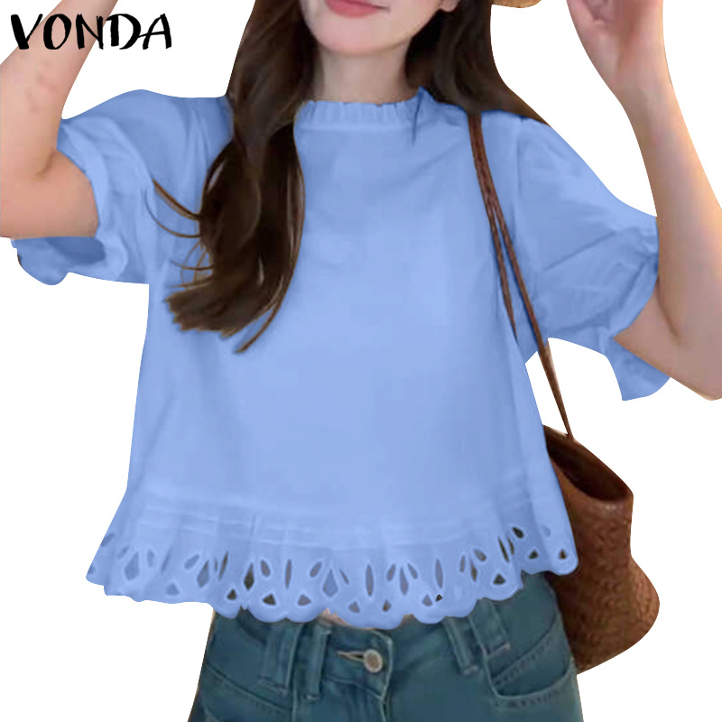 Vonda ผู้หญิงเกาหลีลําลองรอบคอพัฟแขนเสื้อสีทึบ Patchwork เสื้อ