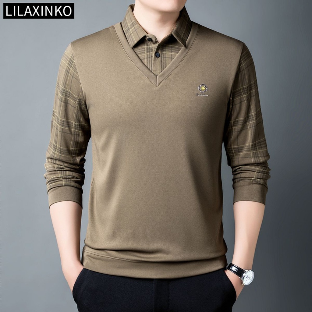 เสื้อโปโลผู้ชาย ลายตาหมากรุกลายสก๊อต แขนยาว สไตล์คลาสสิก ใส่สบาย