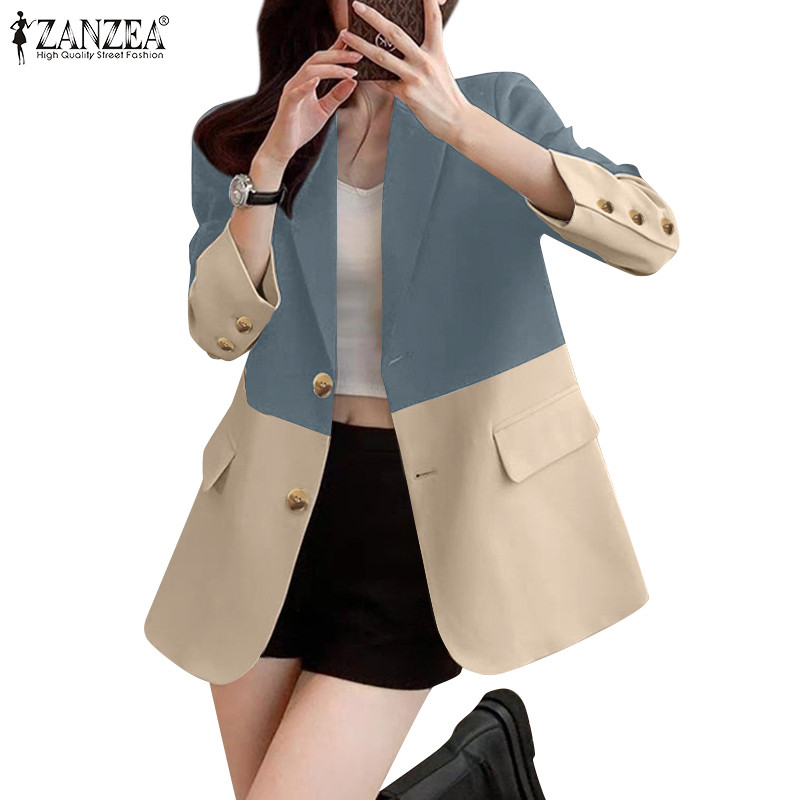 Zanzea ผู้หญิงเกาหลี Colorblocked ปกตกแต่งกระเป๋าพนังเสื้อแขนยาว