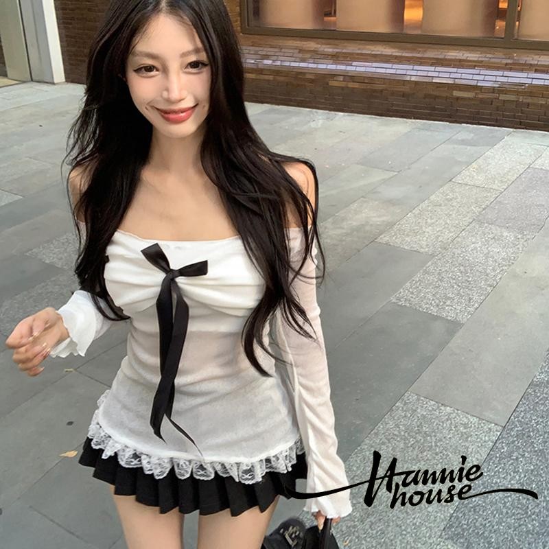 Hanie House- คําแนะนําฤดูร้อนลูกไม้ Hem Flare Long Sleeve Big Bow Front Off Shoulder Tops
