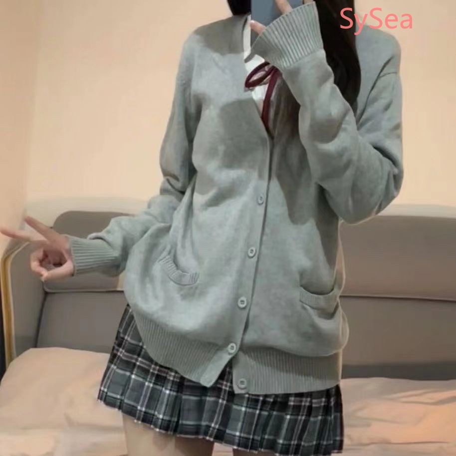 ฤดูใบไม้ร่วงของผู้หญิง Jk Preppy สไตล์ถักเสื้อกันหนาวคอวีหลวม ราคา ถูกที่สุด ดีลบีเคเค แกลเลอรีภาพที่ 4