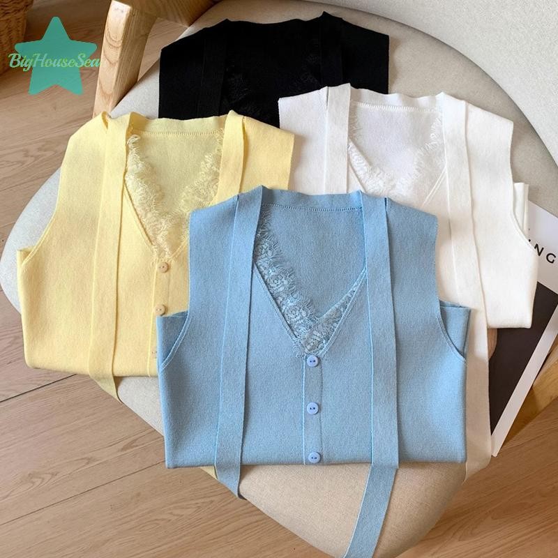 [BigHouseSea] เสื้อแขนกุดคอวีสีทึบผู้หญิงหรูหราฤดูร้อนใหม่ Chic Lace Patchwork Tie Commute ถักถังใหม่