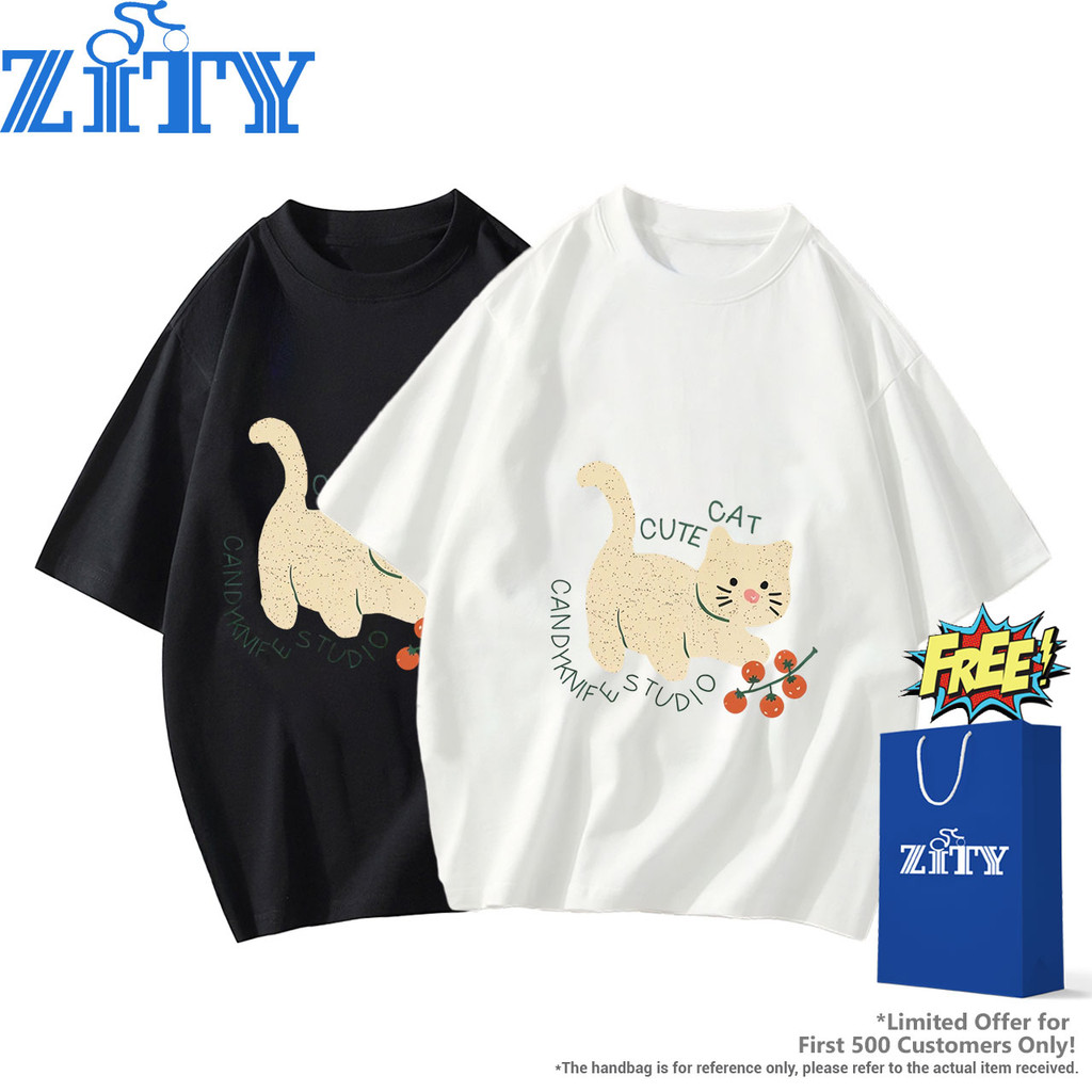 Cotton 100% ระบายอากาศ   ZITY เสื้อยืดคู่ OVERSIZE ทั้งชายหญิง ผู้ชาย-ผู้หญิง ด้านหน้ามีลาย Cute Cat ️