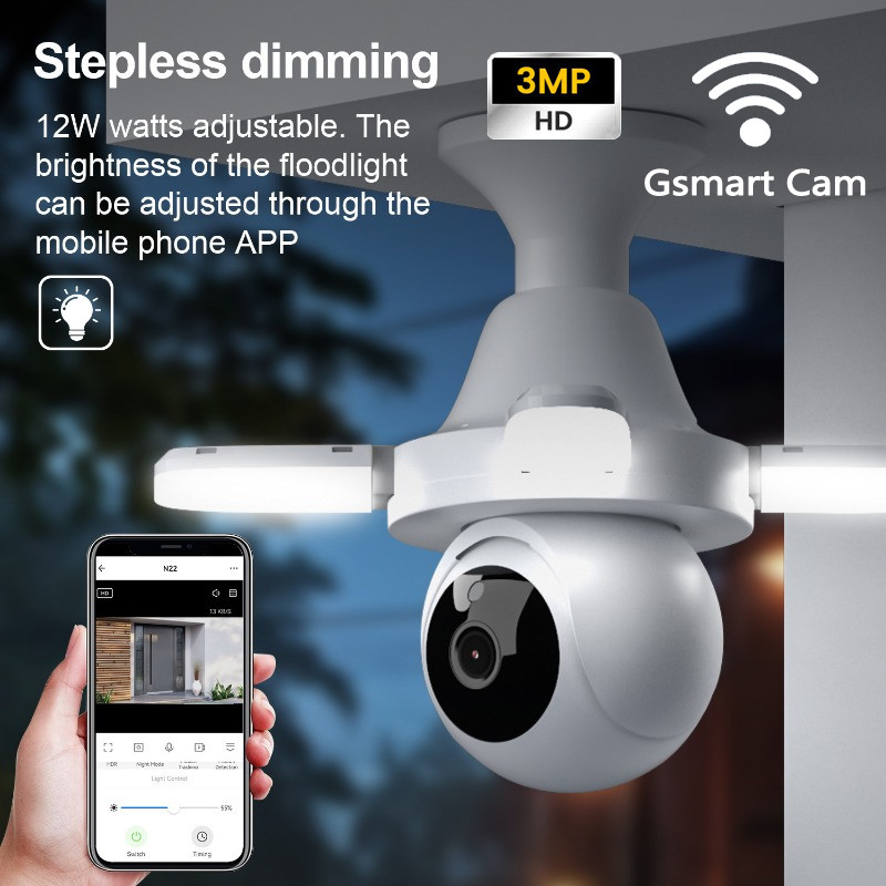 กล้องรักษาความปลอดภัยไร้สาย 2.4G WiFi สำหรับโรงรถพร้อมแผงปรับได้ 4 แผง กล้องหลอดไฟสำหรับรักษาความปลอดภัยในบ้าน ภายนอก ภายใน พูดคุยสองทาง 355PTZ