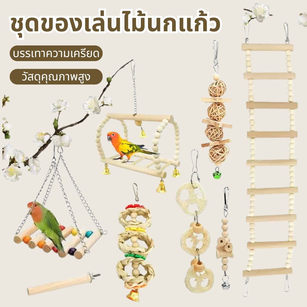 8-ชิ้นผสมนกแก้วนกของเล่นนกแก้วการฝึกอบรมของเล่นไม้ธรรมชาตินกแก้ว-Swing-Perch-ของเล่นนก-Cage-Climb