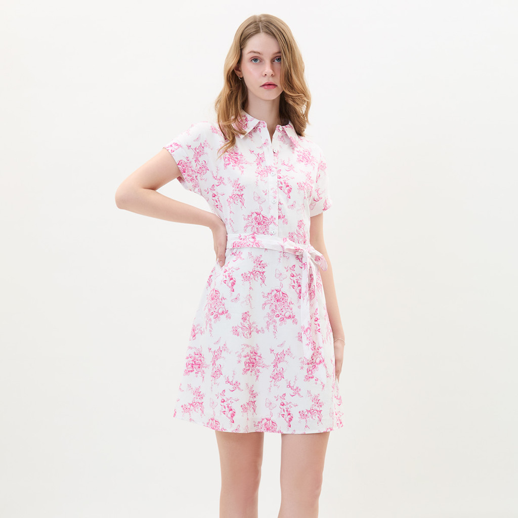 EP เดรสเชิ้ตพิมพ์ลาย ToileDeJouy ผู้หญิง สีชมพู | Toile de Jouy Print Shirt Dress | 05020