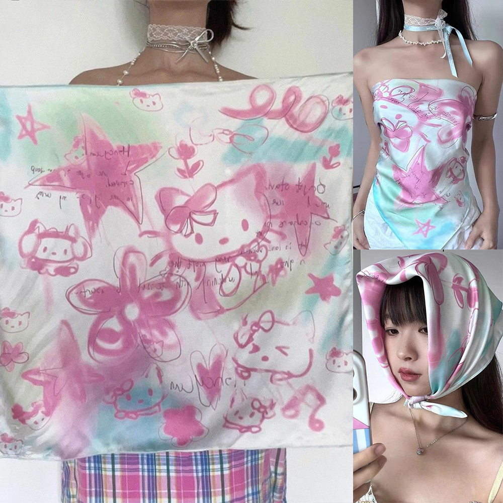 Neckerchief ผ้าพันคอกันแดด สไตล์ STREET Y2K พิมพ์การ์ตูน Hello Kitty