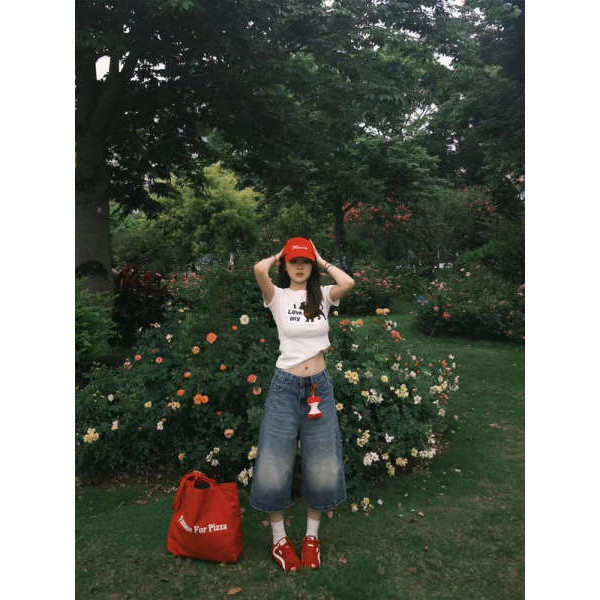 belin star Pradap(ประดับ) กางเกงขาสั้นผ้ายีนส์ทรงครอปวินเทจสไตล์อเมริกันสำหรับผู้หญิงกางเกงขากว้างทร