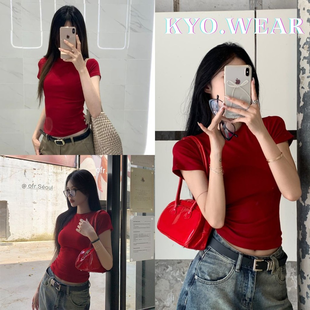 KYO 🔥 แดงไวน์ เสื้อสีพื้น เกาหลีสไตล์ baby crop เสื้อยืดแขนสั้น ผ้าcotton 100% สลิมฟิต Hotgirl คอกลม  เสื้อครอป