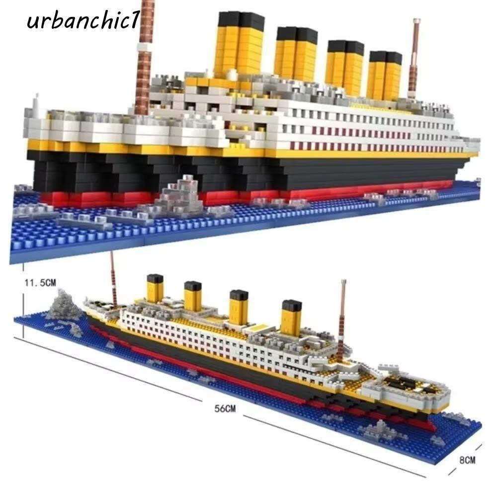 URBANCHIC เรือล่องเรือรุ่นอิฐ, ความยากสูงอนุภาคขนาดเล็ก Titanic Building Block, เด็กโต๊ะเครื่องประดับตกแต่งบ้านผสม Titanic ประกอบของเล่นเด็กผู้หญิง