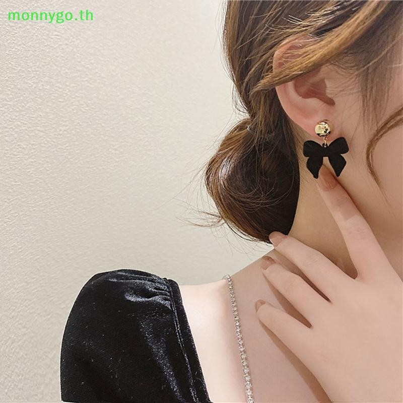 ต่างหูสตั๊ดโบว์สีดํากํามะหยี่วินเทจ ทรงเรขาคณิต เครื่องประดับแฟชั่นผู้หญิง