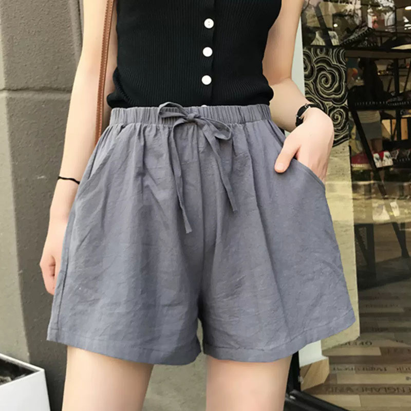 กางเกงขาสั้นเอวสูงสำหรับผู้หญิง แบบสามส่วน ทรงขากว้างหลวม สไตล์ลำลอง ไซส์ใหญ่