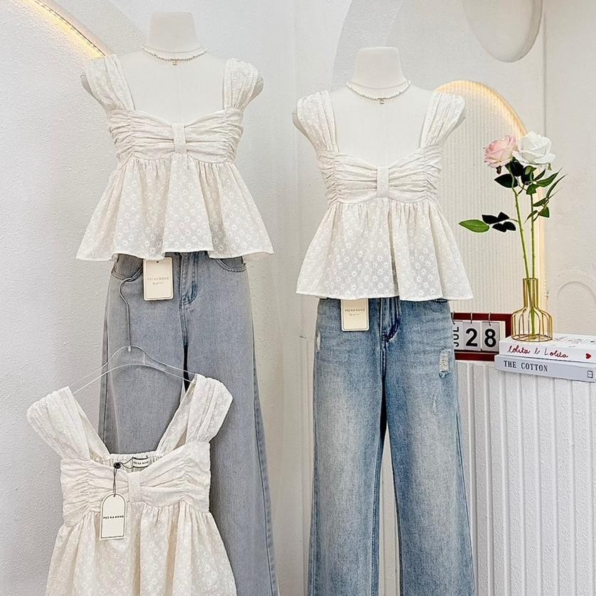 Mone top : เสื้อกล้าม เย็บจีบหน้าอก ชายระบาย เนื้อผ้าปักดอกไม้ KN.Clothes - รูปที่ 2