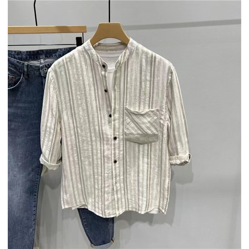 YHTN คอจีน เสื้อแขนสามในสี่สไตล์หลวมอินเทรนด์ สำหรับฤดูร้อน shirt men