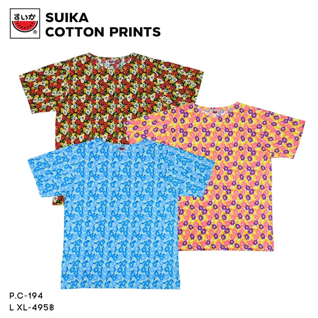 เสื้อแตงโม SUIKA ผ้ายืดคอปาดแขนสั้น ลายดอกไม้ P.C-194
