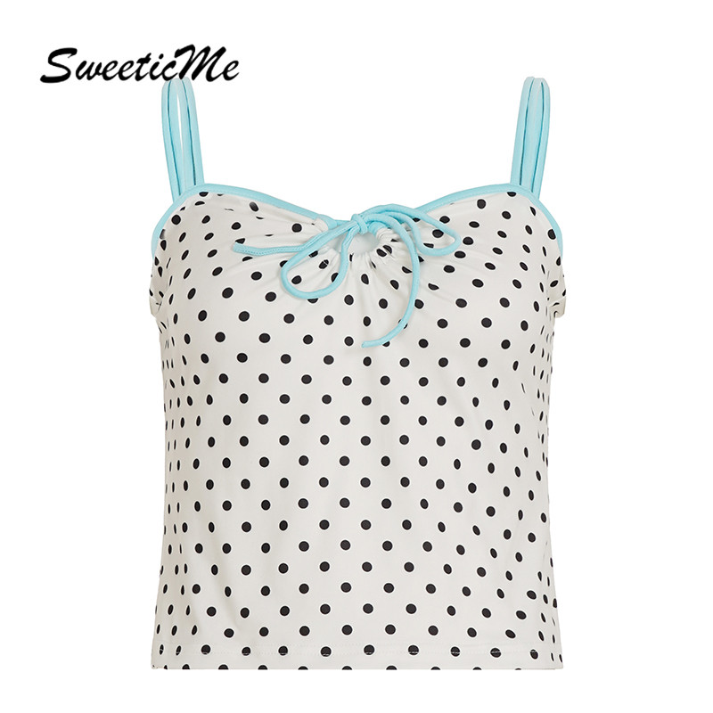 ท็อปส์สำหรับผู้หญิง เสื้อสายเดี่ยว ลายจุด สายคล้องคอกลม แฟชั่นใหม่