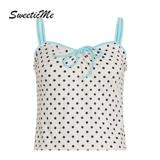 ท็อปส์สำหรับผู้หญิง เสื้อสายเดี่ยว ลายจุด สายคล้องคอกลม แฟชั…