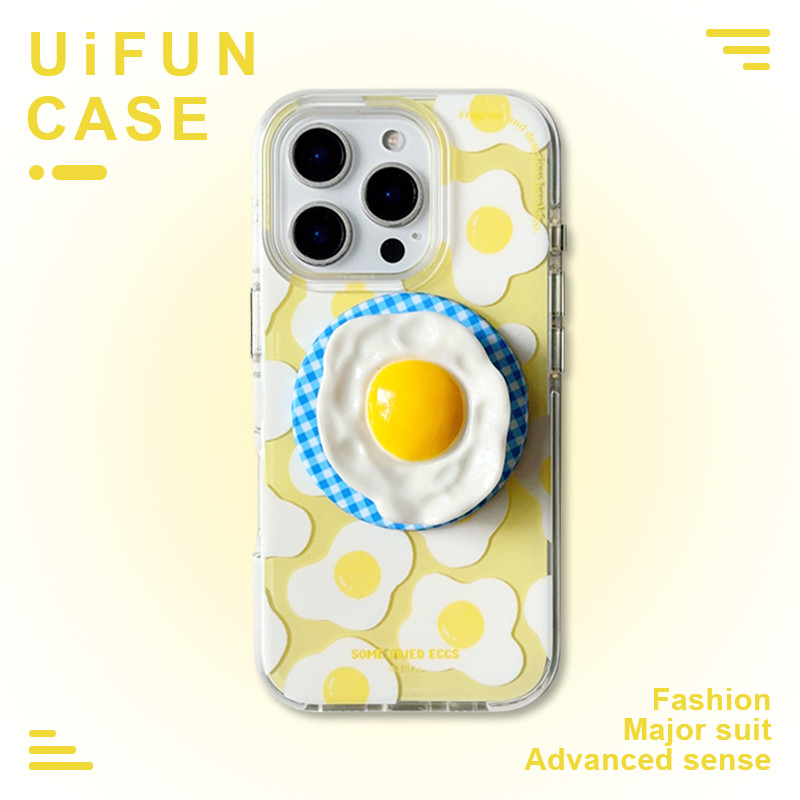 Creative Poached Egg Plaid Stripes Holder Stand เคสโทรศัพท์แม่เหล็กสําหรับ iPhone 16 15 14 Pro Max 13 16Pro Hard IMD กันกระแทกมือถือฝาหลัง