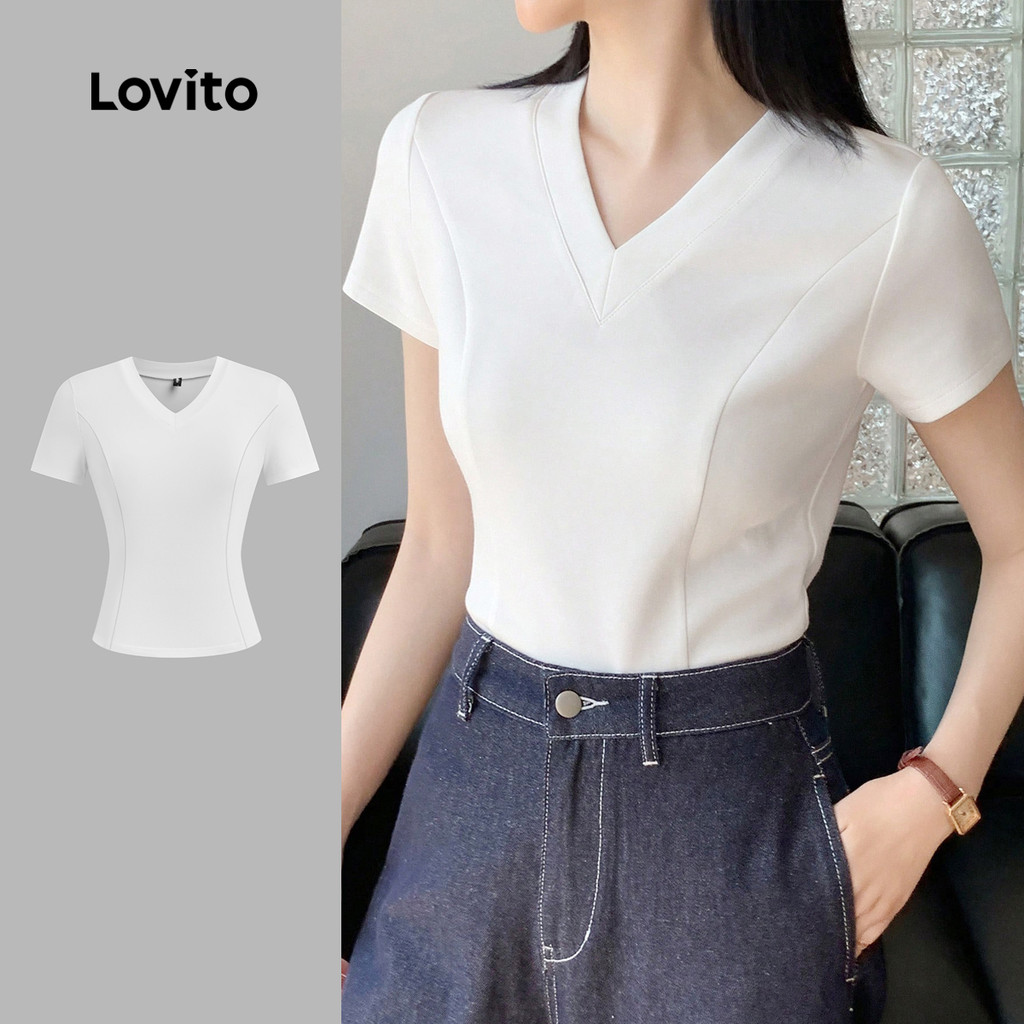 Lovito เสื้อยืดโครงสร้างแบบเรียบง่ายสำหรับฤดูใบไม้ผลิ/ฤดูร้อน สีขาว สำหรับผู้หญิง L142ED102