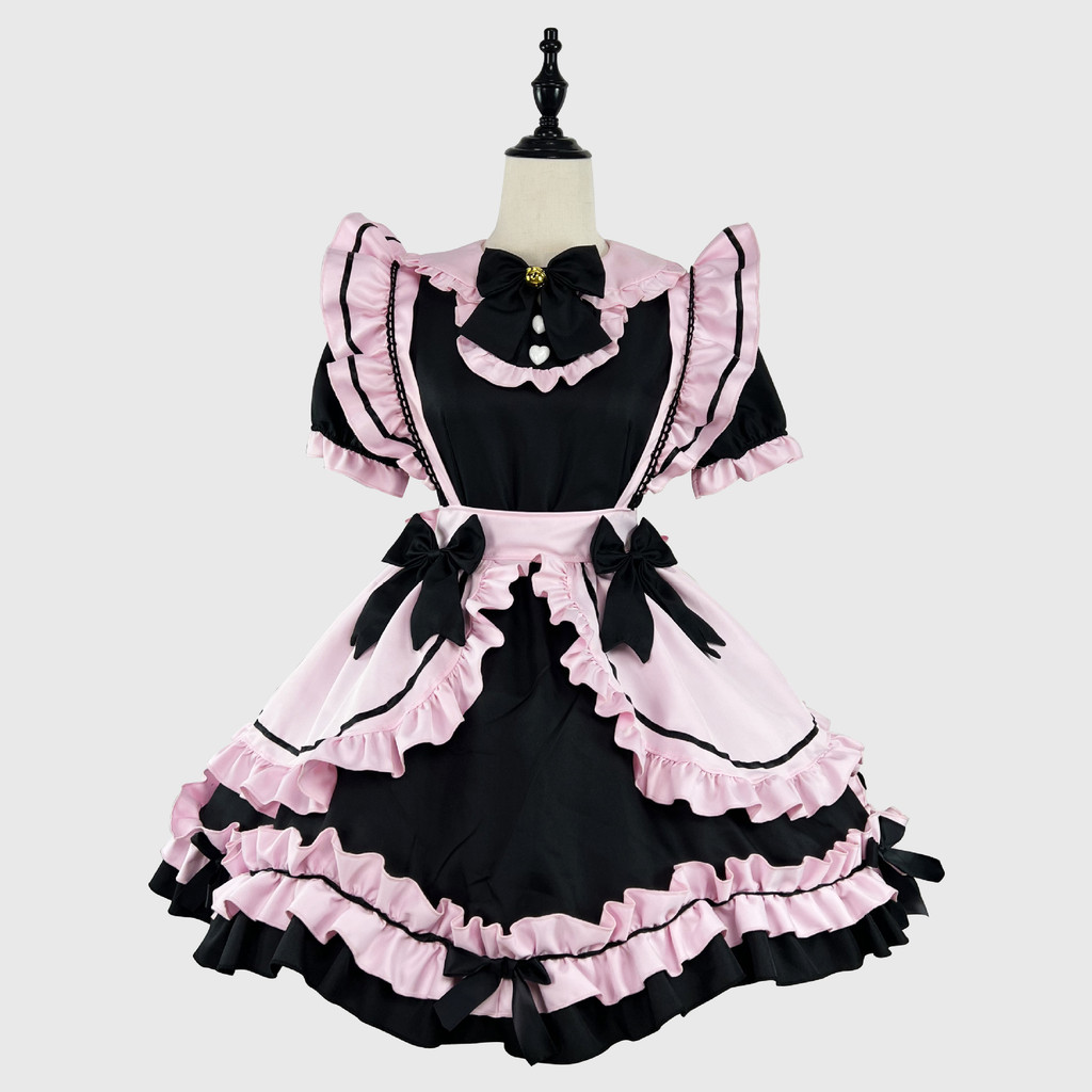ชุดเมด คอสเพลย์ งานพรีเมียม ชุดเมดคนอ้วน เมดไซส์ใหญ่ สูทสไตล์ญี่ปุ่น lolita สีดำและชมพู พร้อมโบว์นุ่ม สำหรับลุคหวานน่ารัก