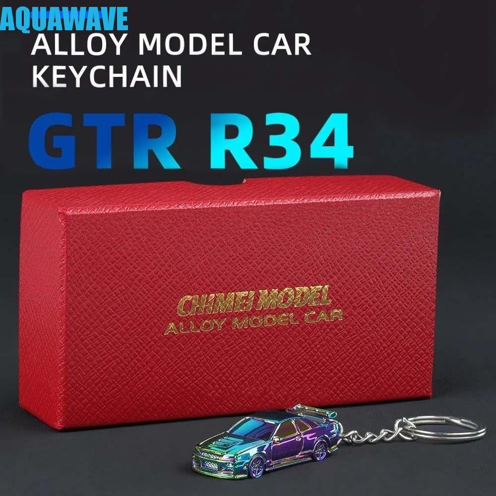 AQUAWAVE RS7 พวงกุญแจรถ, 1:64 Scale Electroplated GTR-R34 พวงกุญแจ,แฟชั่นจําลองวัสดุโลหะผสมสเปรย์ภาพ