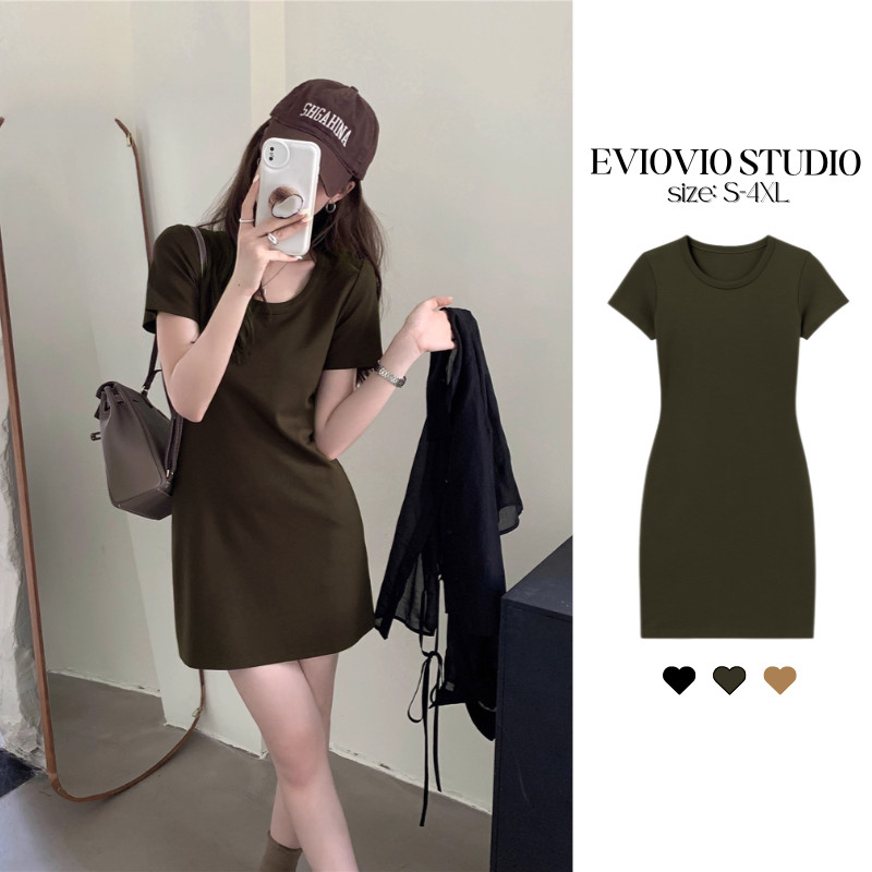 【EVIOVIO】S-4XL เดรสสั้นสีเข้ม คอกลม แขนสั้นเข้ารูป เดรสรัดรูป สไตล์มินิมอล ผ้ายืดหยุ่น พลัสไซซ์