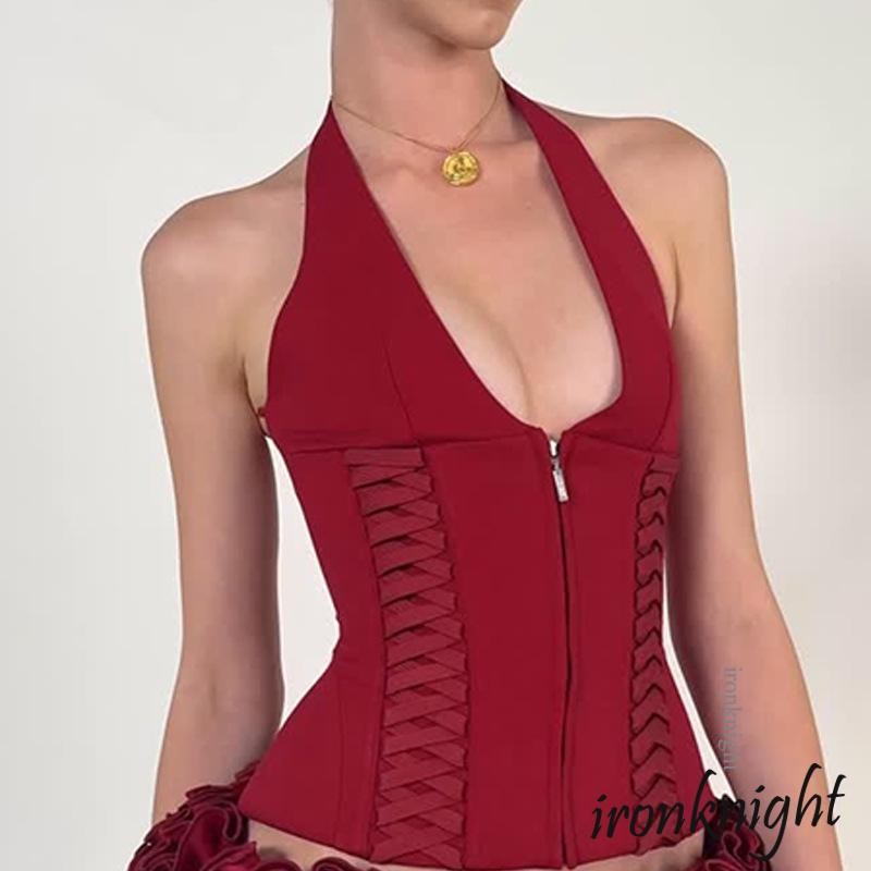 Ironknight – สไตล์ Halter สำหรับผู้หญิง แขนกุดรัดตัว มิดชิด กางซิปหน้า เหมาะสำหรับสวมใส่ลำลองในฤดูร้อน ราคา ถูกที่สุด ดีลบีเคเค แกลเลอรีภาพที่ 2