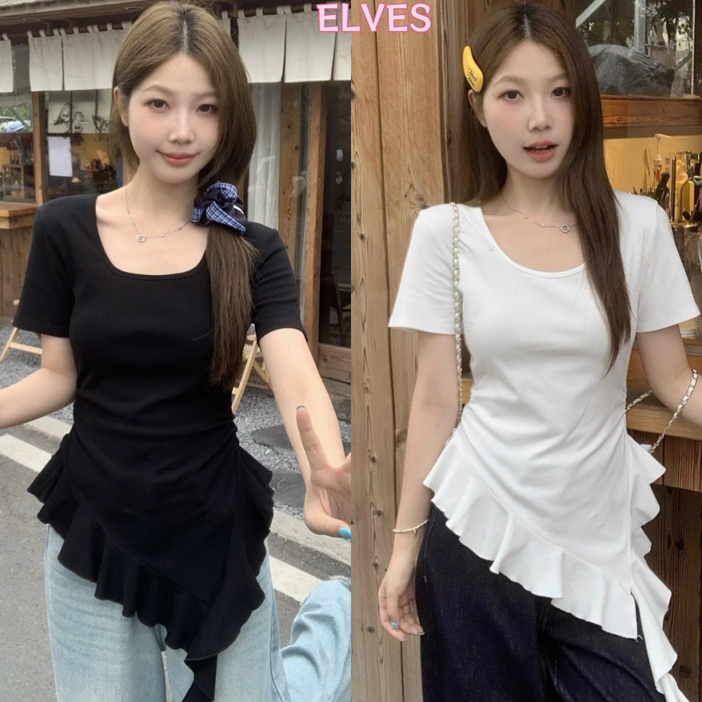Elves พร้อม💟พร้อมส่ง เสื้อแขนสั้นไหมพรม ดีเทลแต่งปลายปล่อยระบายน่ารัก เสื้อแฟชั่น"25142"