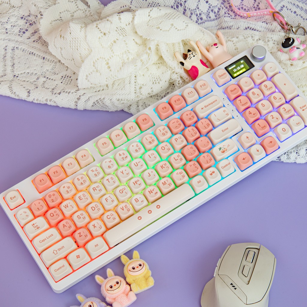 KC98 PRO Pink Sakura Thai Wireless Keyboard with Color Screen Three Mode Wired 2.4G Bluetooth Connec