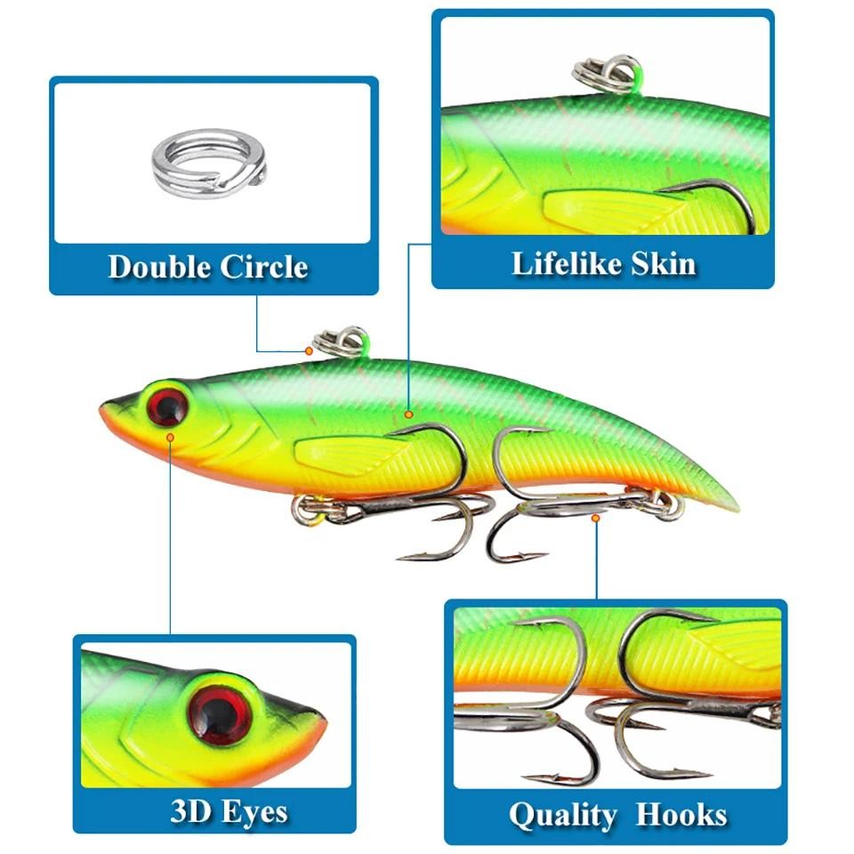 ตัวล่อปลา Vib ขนาด 7.5 ซม. น้ำหนัก 12.8 กรัม มีตา 3D และ Treble Hooks สั่นสะเทือน — صورة 4