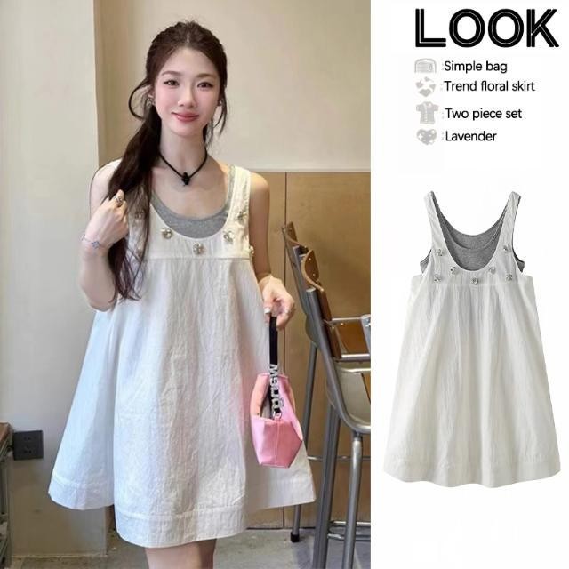 孕妇连衣裙夏季甜美无袖娃娃裙宽松小个子a字背带裙洋气两套女Summer Sweet Sleeveless Doll Dress for Pregnant Women, Widecuabd4TT1my2