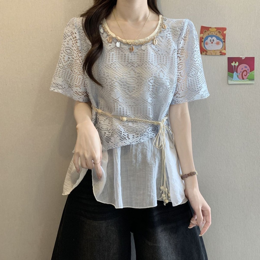 ส่งไวจากไทย⭐Summer⭐M-4XL  แขนสั้นเสื้อยืดลูกไม้เสื้อผ้าฝ้ายบวกขนาดเกาหลีฤดูร้อนสุภาพสตรีสวยหลวม