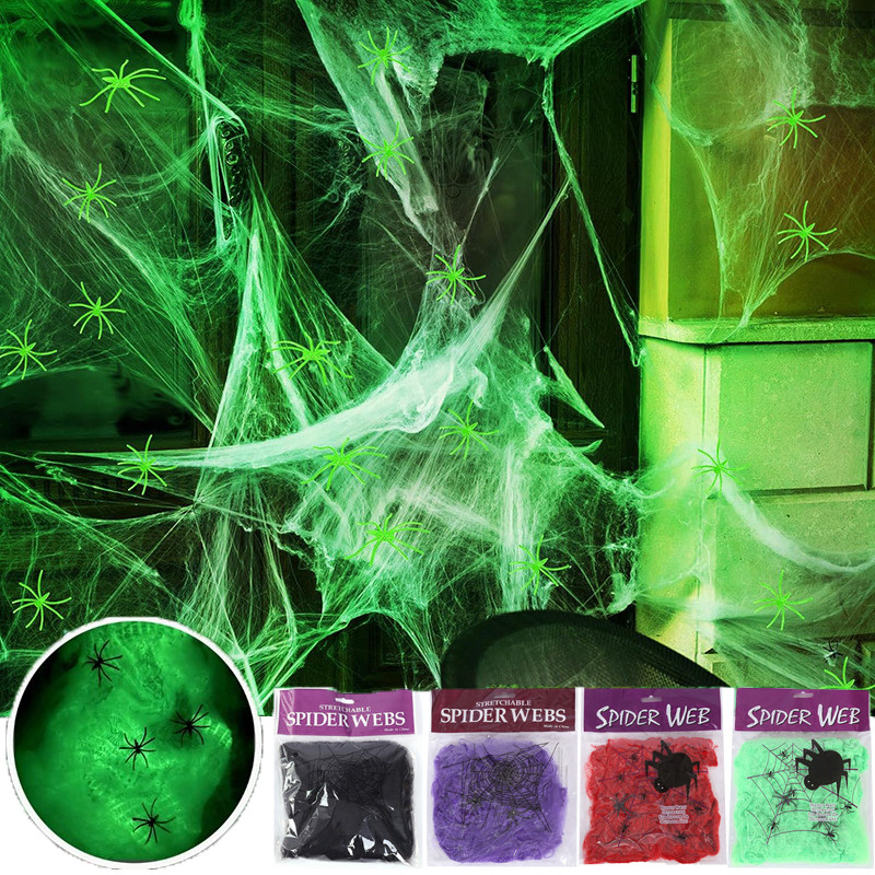 ฮาโลวีนประดิษฐ์ Spider Web ยืด Cobweb เรืองแสงใน Dark Party Props ตกแต่งกลางแจ้งในร่ม