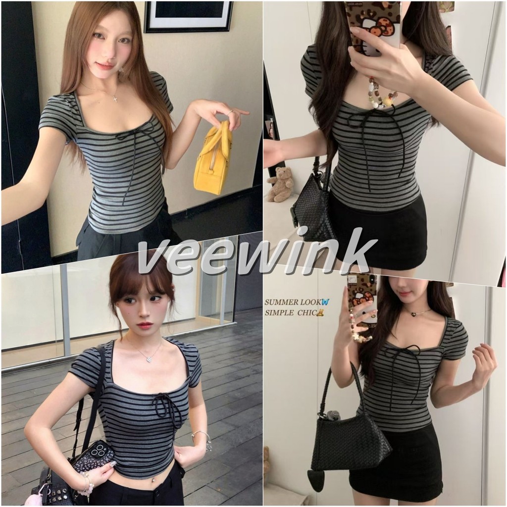 Veewink พร้อมส่งจากกทม เสื้อแขนสั้นลายทาง สไตล์ฝรั่งเศส มีเชือกผูก ทรงกระชับตัว เนื้อบาง ใส่เซ็กซี่