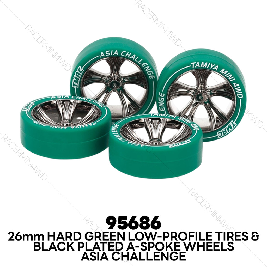 TAMIYA 95686 26mm Low-Profile Tire & Black Plated Wheel Set (A-Spoke) Asia Challenge