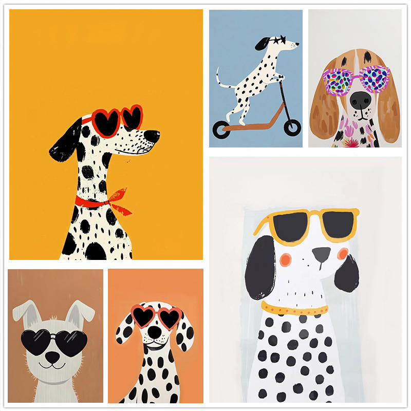 โมเดิร์นฮิปฮอปที่มีสีสันตลกแว่นตาสุนัขการ์ตูนโปสเตอร์ผ้าใบจิตรกรรมรูปภาพ