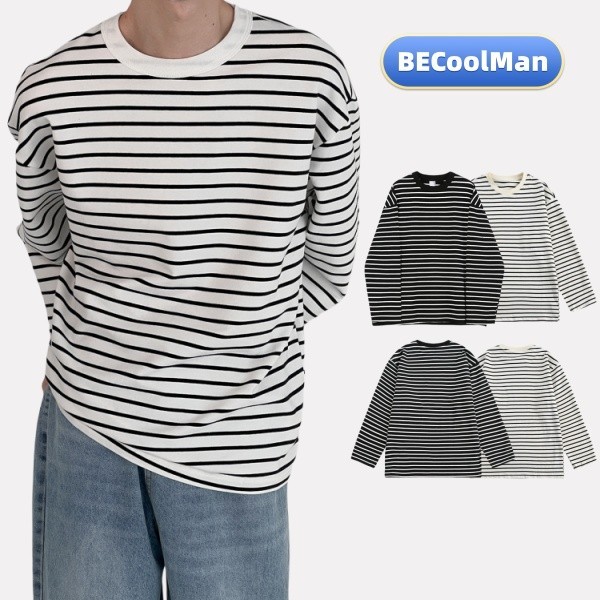 💥BECoolMan💥เสื้อยืดผู้ชายลายทางสีดำและสีขาว  ระบายอากาศได้ดี  ลำลอง  คอกลม  สีต่อ