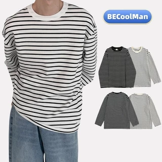 💥BECoolMan💥เสื้อยืดผู้ชายลายทางสีดำและสีขาว ระบายอากาศได้ดี ลำลอง คอกลม สีต่อ เสื้อยืดแขนยาว สไตล์เกาหลี สีดำ สีขาว